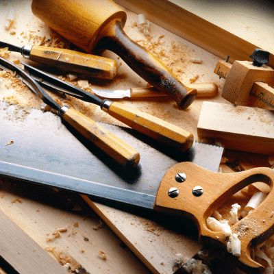 Ciseaux à bois, maillet et scie égoïne posés sur un établi couvert de copeaux, menuisier à Vichy